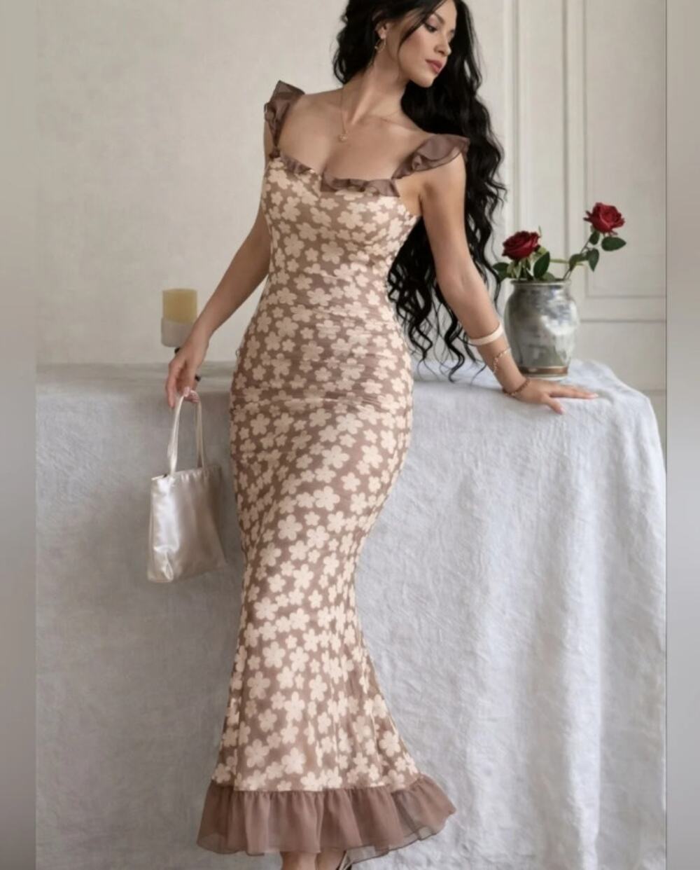 Commense Brown Cream Floral Ruffle Dress XL - Floral Romantic